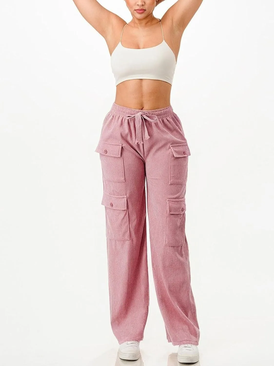 KANSOON Cargo Pants Women Corduroy High Waisted Casual Straight Leg Baggy Y2K Trousers with Multiple Pockets