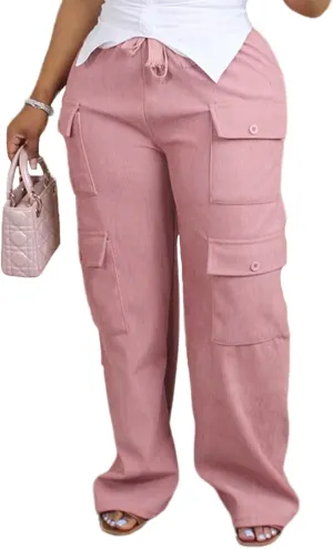 KANSOON Cargo Pants Women Corduroy High Waisted Casual Straight Leg Baggy Y2K Trousers with Multiple Pockets