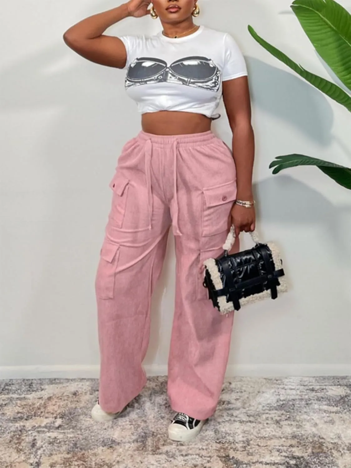 KANSOON Cargo Pants Women Corduroy High Waisted Casual Straight Leg Baggy Y2K Trousers with Multiple Pockets