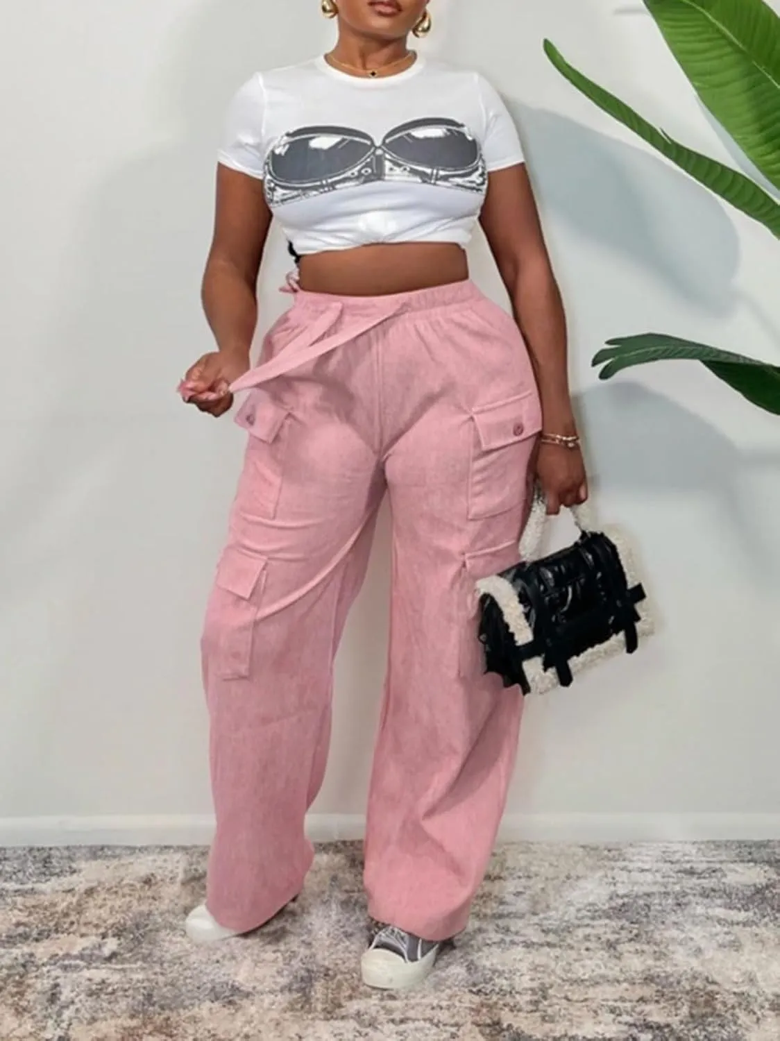 KANSOON Cargo Pants Women Corduroy High Waisted Casual Straight Leg Baggy Y2K Trousers with Multiple Pockets