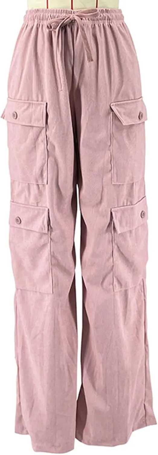 KANSOON Cargo Pants Women Corduroy High Waisted Casual Straight Leg Baggy Y2K Trousers with Multiple Pockets