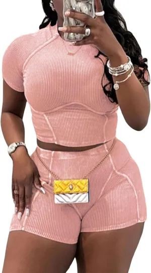 KANSOON Workout Sets for Women 2 Piece Yoga Outfits Ribbed Acid Wash Short Sleeve Crop Top Biker Shorts Casual Tracksuit Set