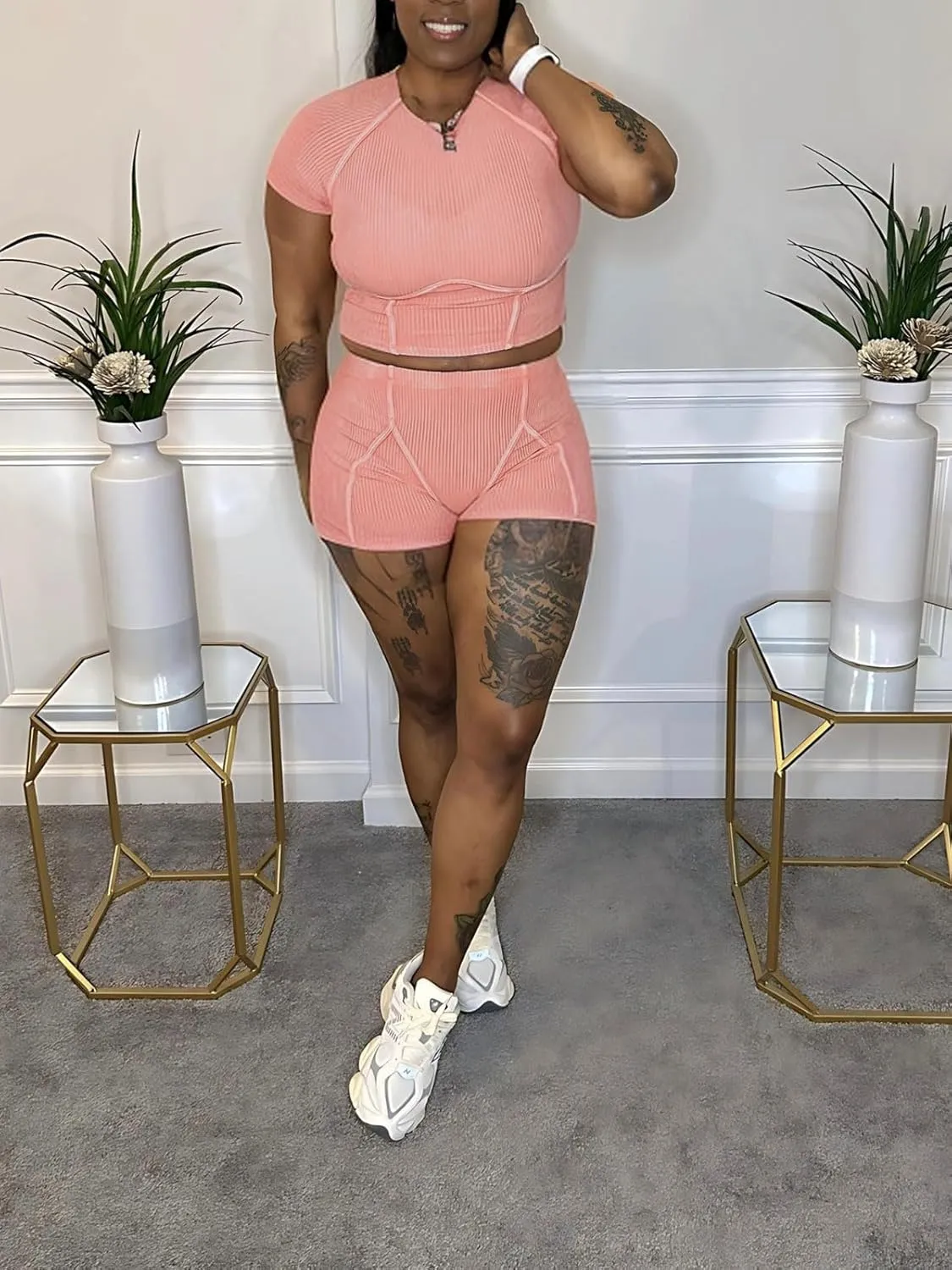 KANSOON Workout Sets for Women 2 Piece Yoga Outfits Ribbed Acid Wash Short Sleeve Crop Top Biker Shorts Casual Tracksuit Set