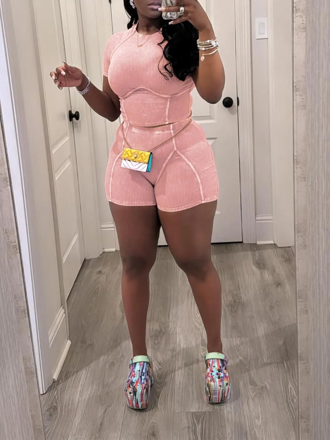 KANSOON Workout Sets for Women 2 Piece Yoga Outfits Ribbed Acid Wash Short Sleeve Crop Top Biker Shorts Casual Tracksuit Set