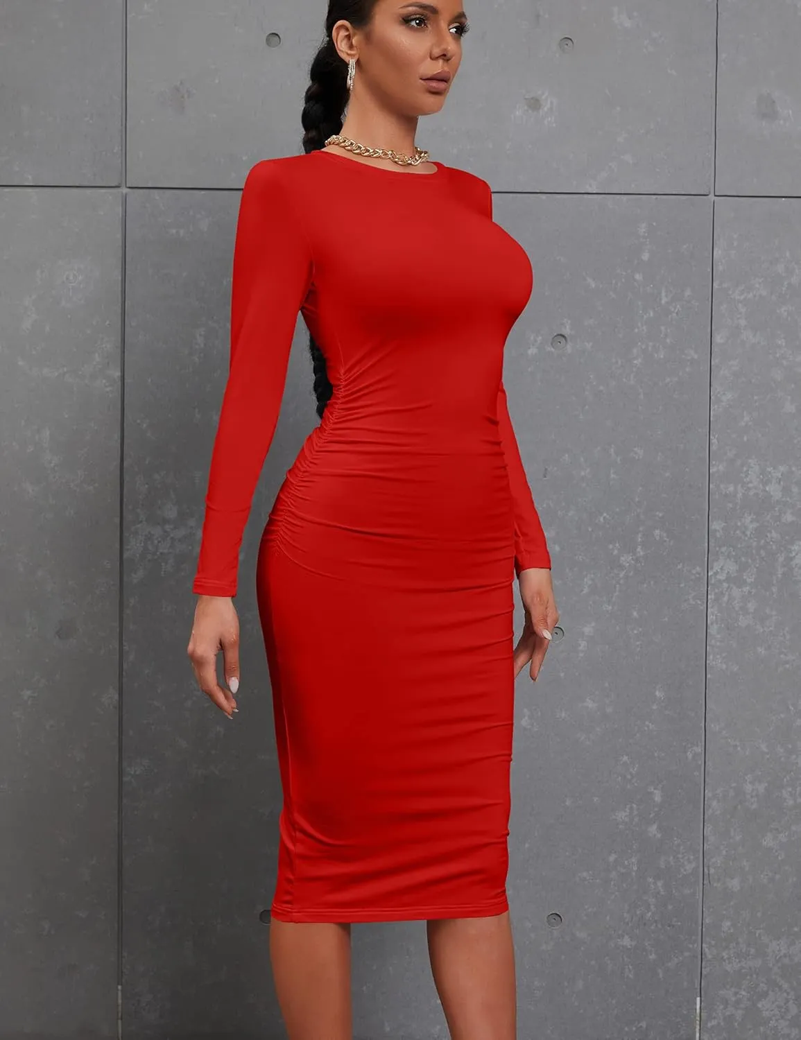 Kaximil Women's Sexy Bodycon Ruched Long Sleeve Basic Midi Club Party Pencil Dresses
