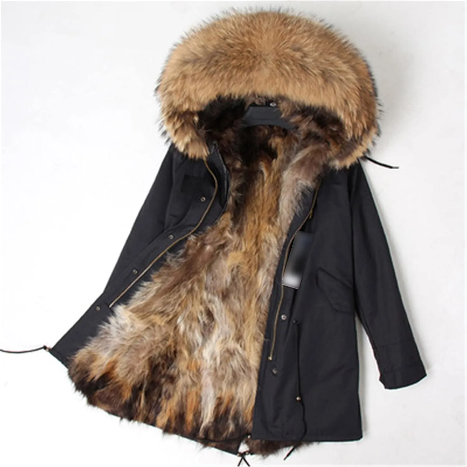 Kelsiop Men's Casual Parka Winter Fur Lined Thermal Clothing Long Fur Hooded Jacket