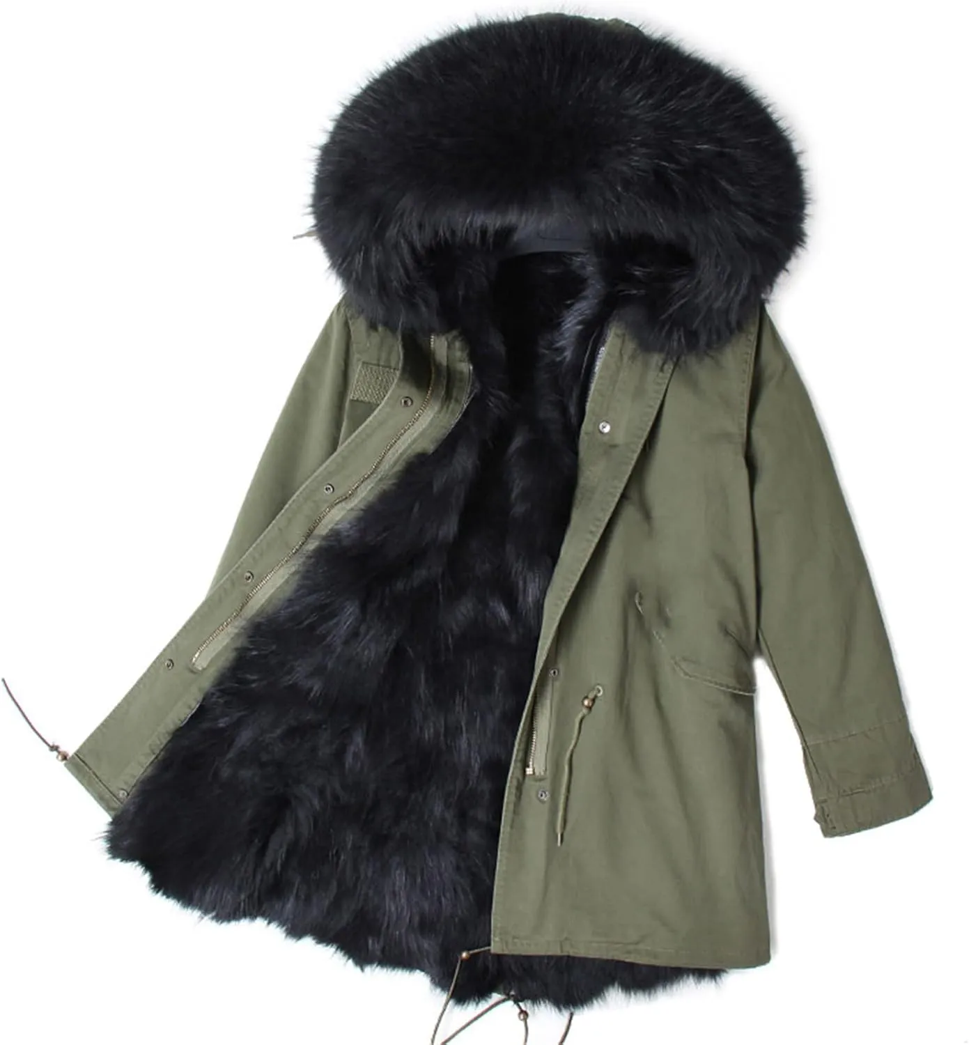 Kelsiop Men's Casual Parka Winter Fur Lined Thermal Clothing Long Fur Hooded Jacket