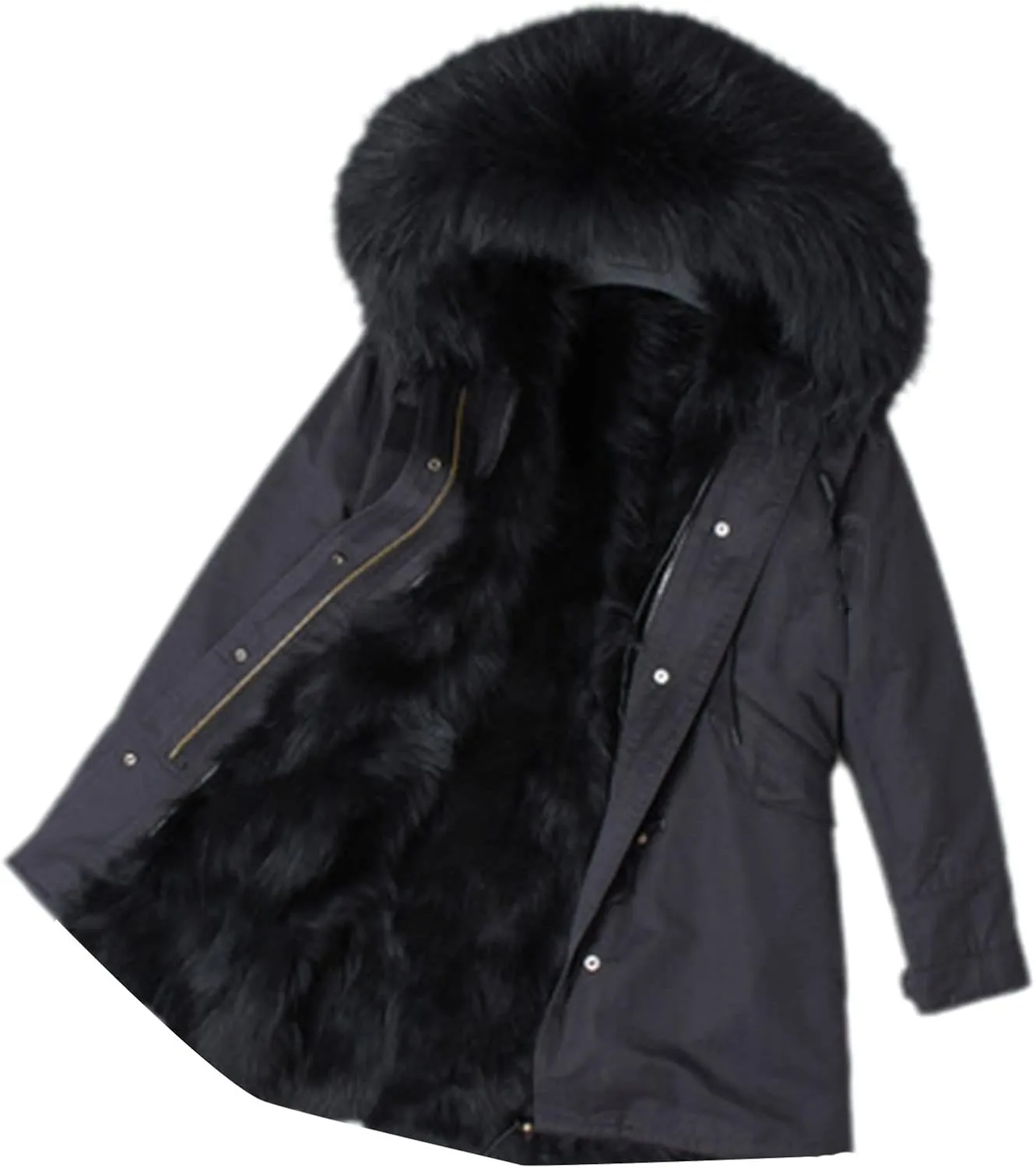 Kelsiop Men's Casual Parka Winter Fur Lined Thermal Clothing Long Fur Hooded Jacket