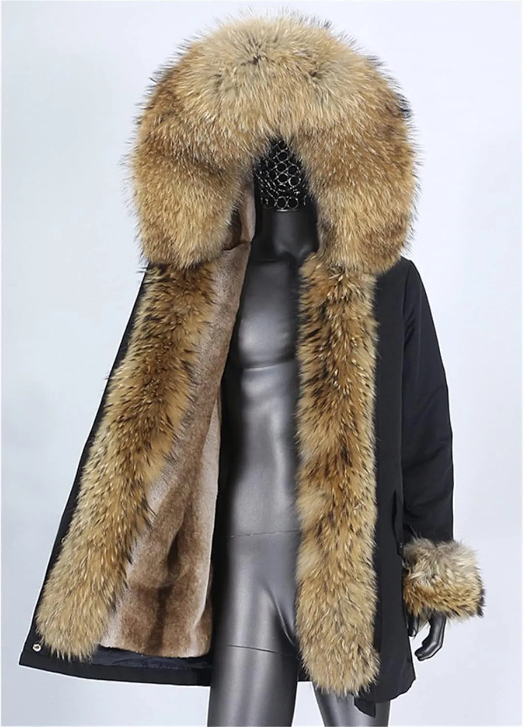 Kelsiop Men's Winter Long Parka Natural Fur Coat Jacket Hooded Fur Collar Thickened Thermal Top