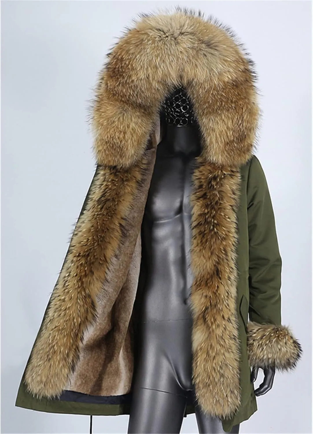 Kelsiop Men's Winter Long Parka Natural Fur Coat Jacket Hooded Fur Collar Thickened Thermal Top