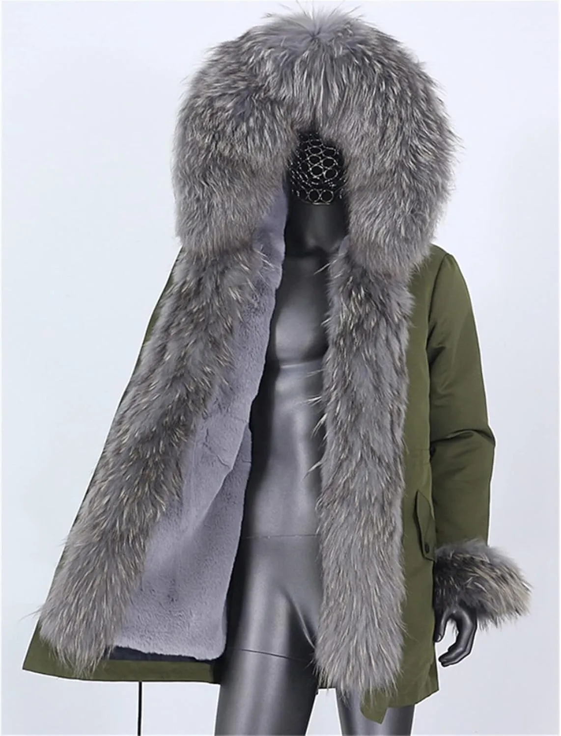 Kelsiop Men's Winter Long Parka Natural Fur Coat Jacket Hooded Fur Collar Thickened Thermal Top