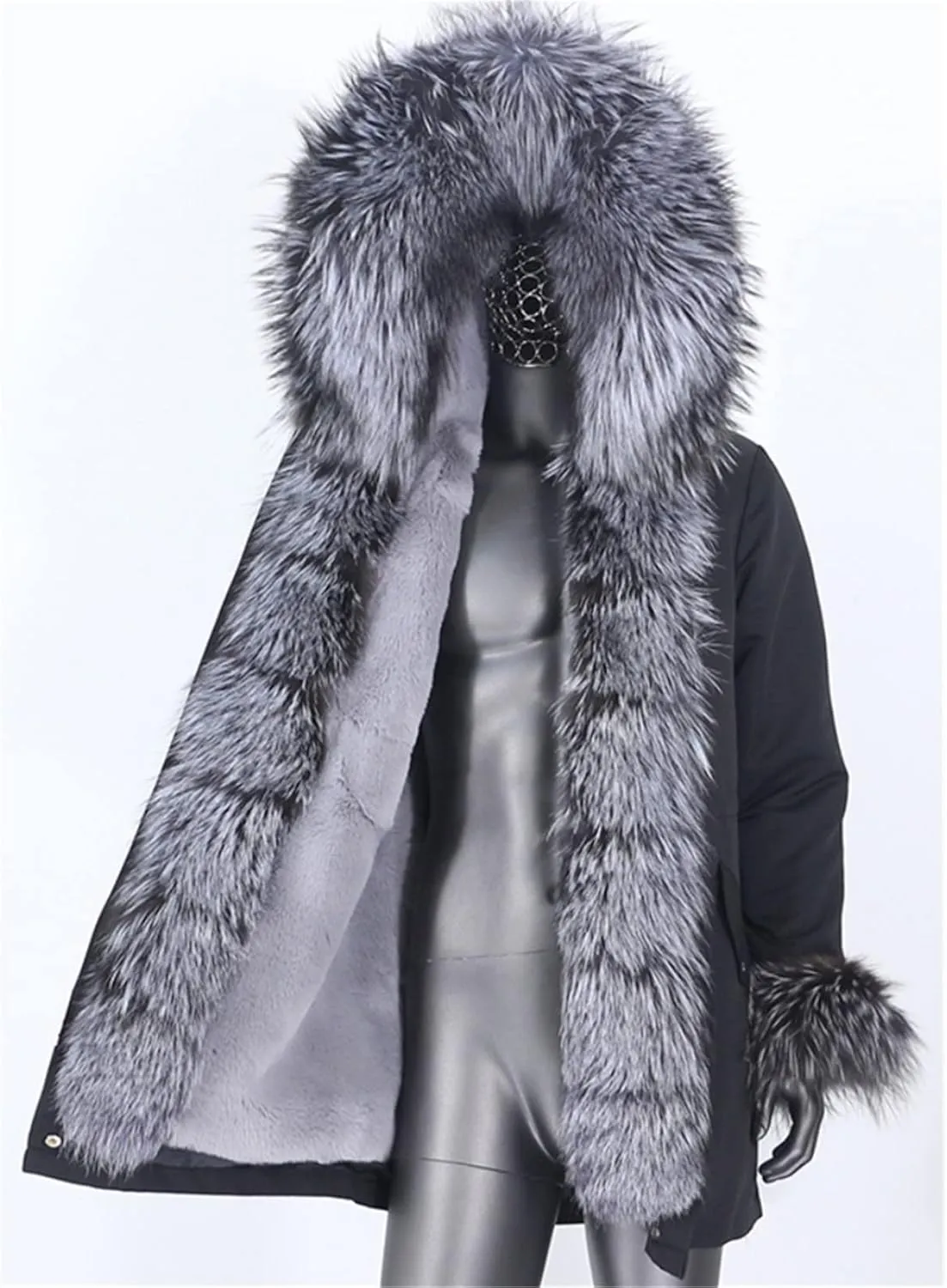 Kelsiop Men's Winter Long Parka Natural Fur Coat Jacket Hooded Fur Collar Thickened Thermal Top