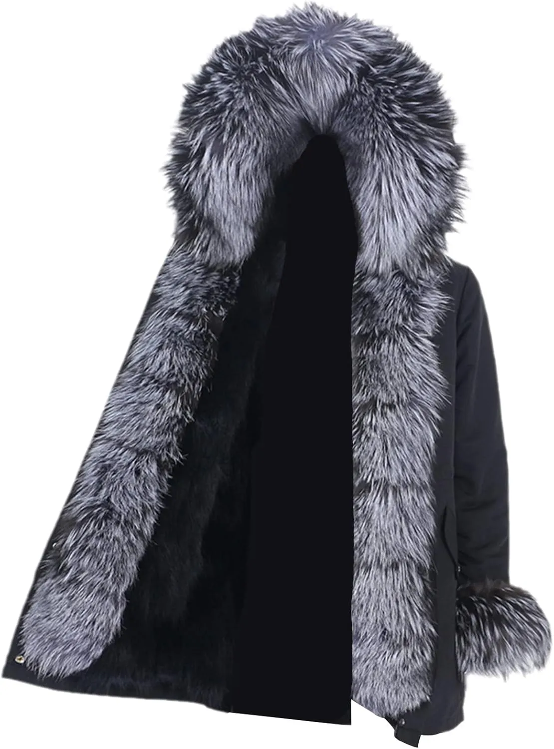 Kelsiop Men's Winter Long Parka Natural Fur Coat Jacket Hooded Fur Collar Thickened Thermal Top