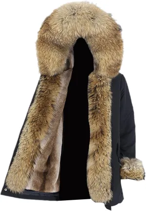 Kelsiop Men's Winter Long Parka Natural Fur Coat Jacket Hooded Fur Collar Thickened Thermal Top