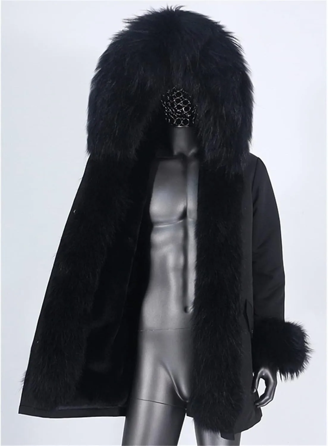 Kelsiop Men's Winter Long Parka Natural Fur Coat Jacket Hooded Fur Collar Thickened Thermal Top
