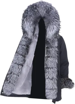 Kelsiop Men's Winter Long Parka Natural Fur Coat Jacket Hooded Fur Collar Thickened Thermal Top