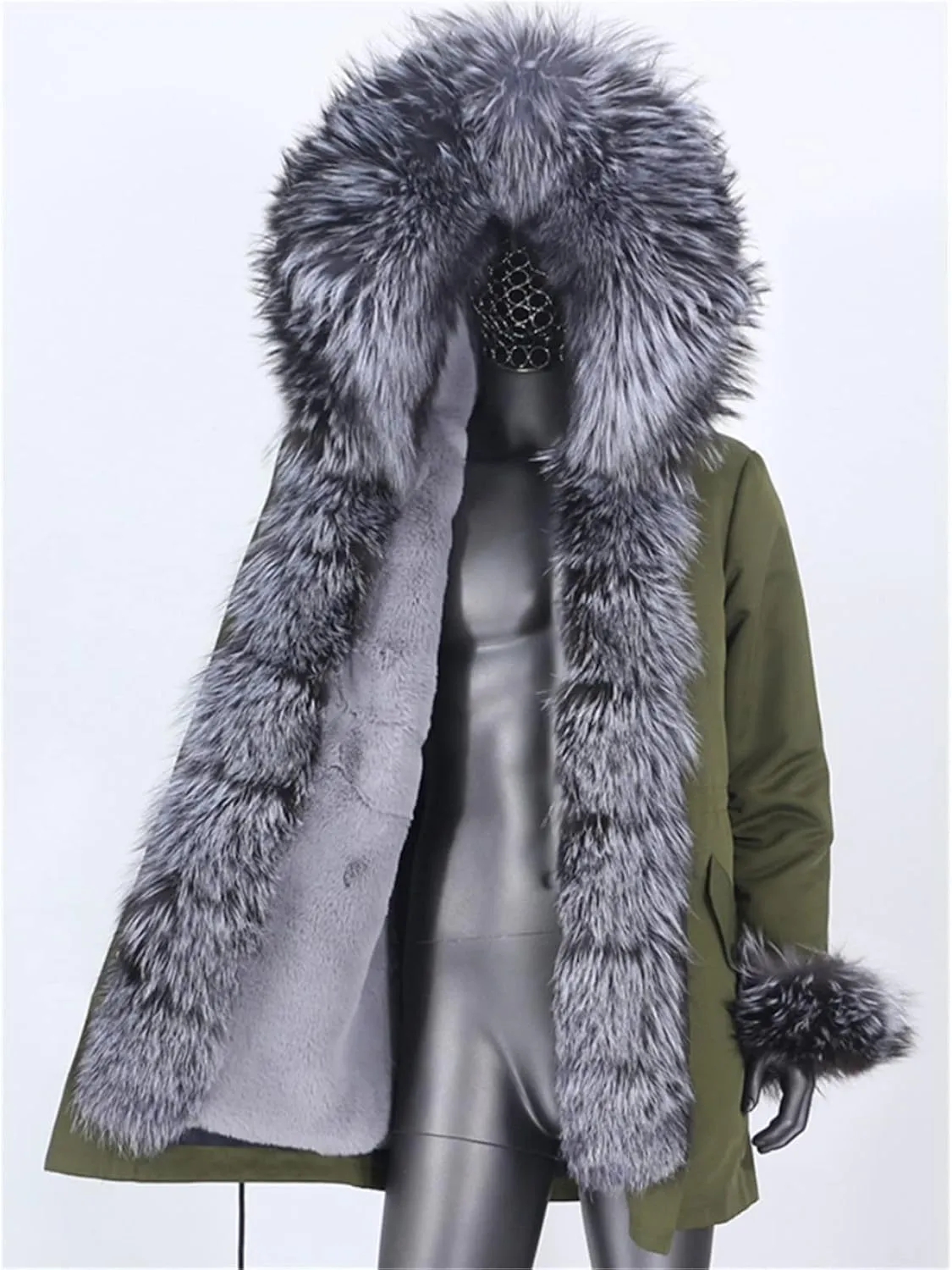 Kelsiop Men's Winter Long Parka Natural Fur Coat Jacket Hooded Fur Collar Thickened Thermal Top