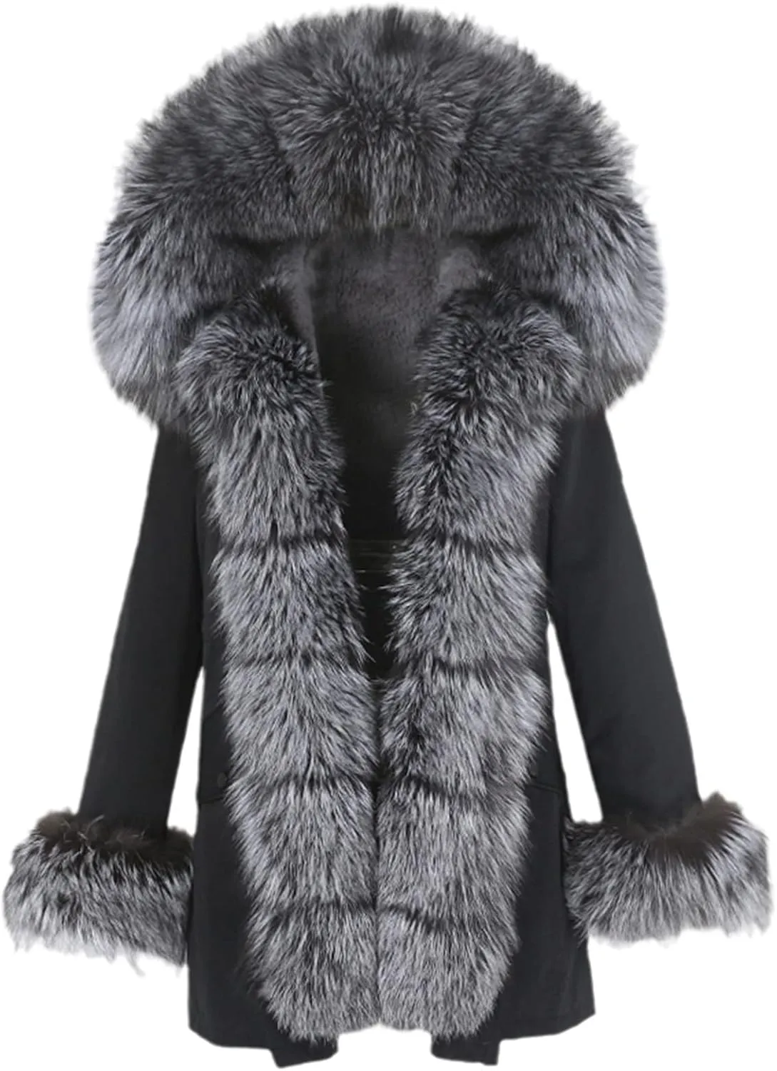 Kelsiop Men's Winter Long Parka Natural Fur Coat Jacket Hooded Fur Collar Thickened Thermal Top