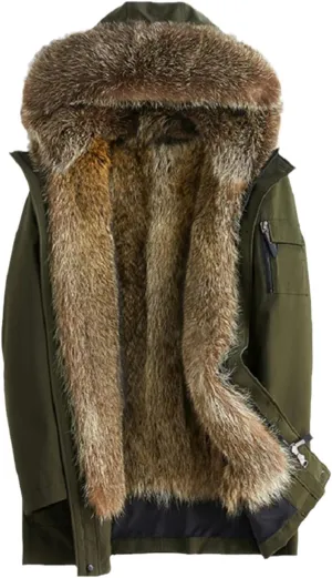 Kelsiop Natural Fur Collar And Lining Hooded Parka Men's Winter Thick Warm Hooded Jacket Leather Trench Coat