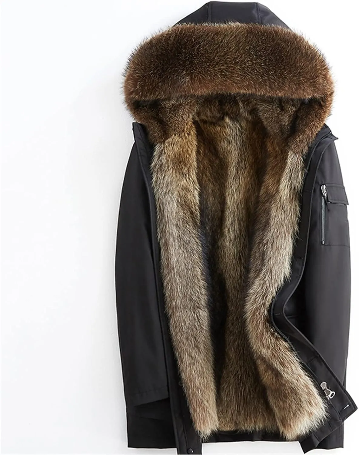 Kelsiop Natural Fur Collar And Lining Hooded Parka Men's Winter Thick Warm Hooded Jacket Leather Trench Coat