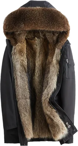 Kelsiop Natural Fur Collar And Lining Hooded Parka Men's Winter Thick Warm Hooded Jacket Leather Trench Coat