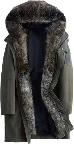 Kelsiop Natural Fur Collar Mink Lining Hooded Parka Men's Winter Warm Hooded Jacket Leather Coat