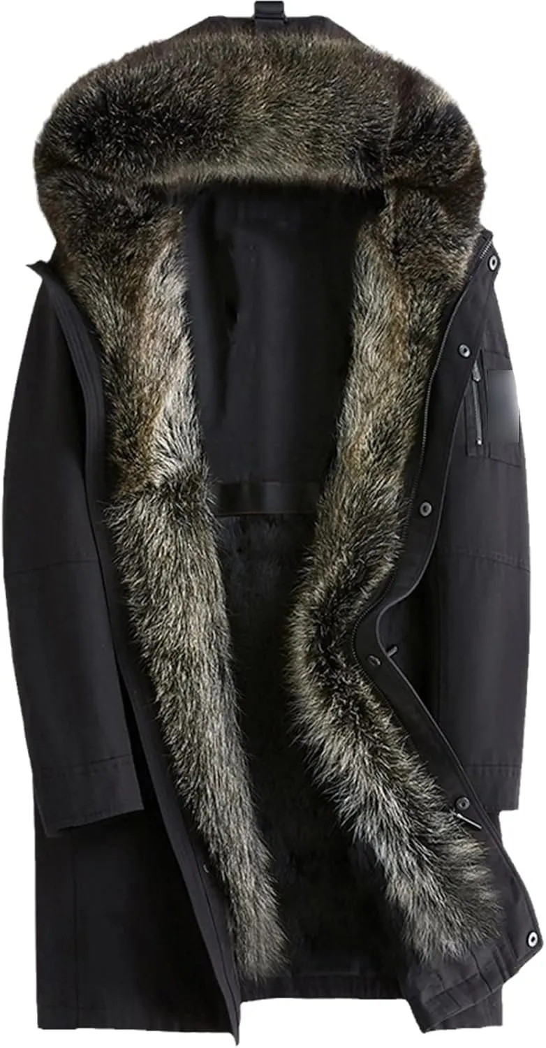 Kelsiop Natural Fur Collar Mink Lining Hooded Parka Men's Winter Warm Hooded Jacket Leather Coat