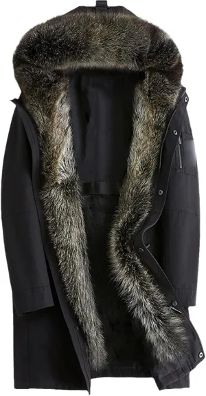 Kelsiop Natural Fur Collar Mink Lining Hooded Parka Men's Winter Warm Hooded Jacket Leather Coat
