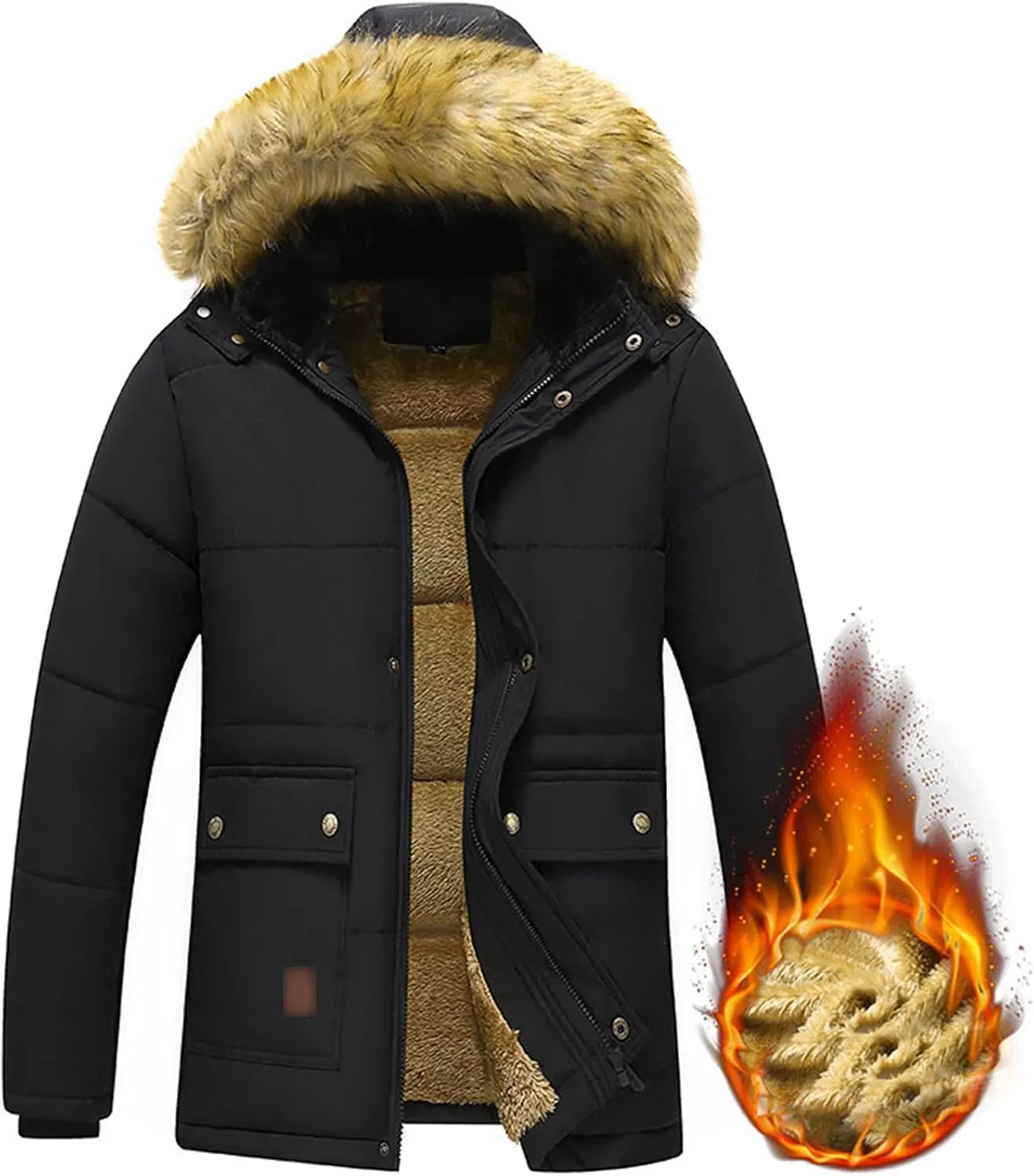 Kelsiop Thickened Warm Winter Parka Men's Fleece Hooded Jacket Jacket Military Work Jacket Plus Size Thermal Jacket