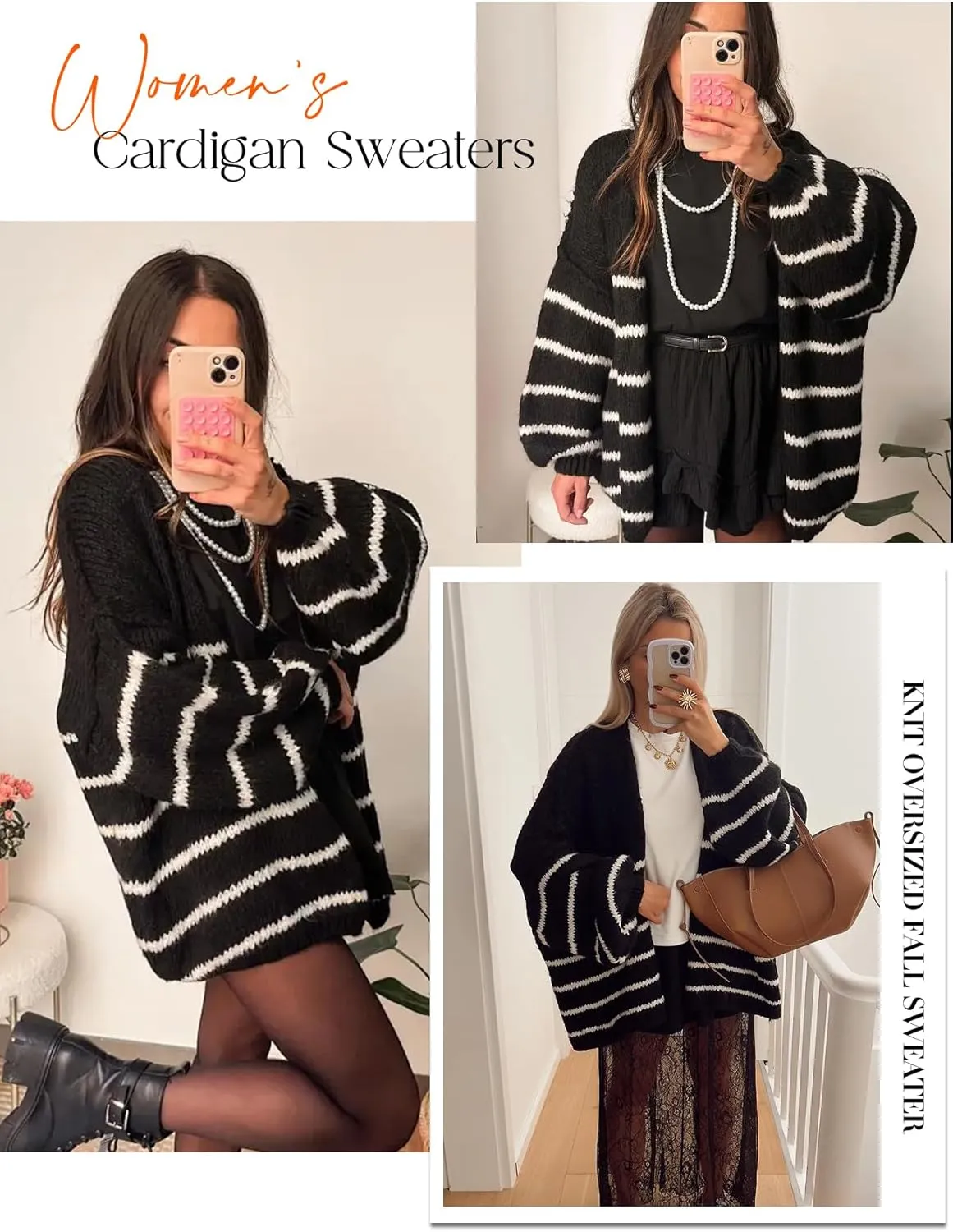 Kissonic Women's Striped Cardigan Sweaters Open Front Long Sleeve Chunky Knit Oversized Fall Sweater Coat