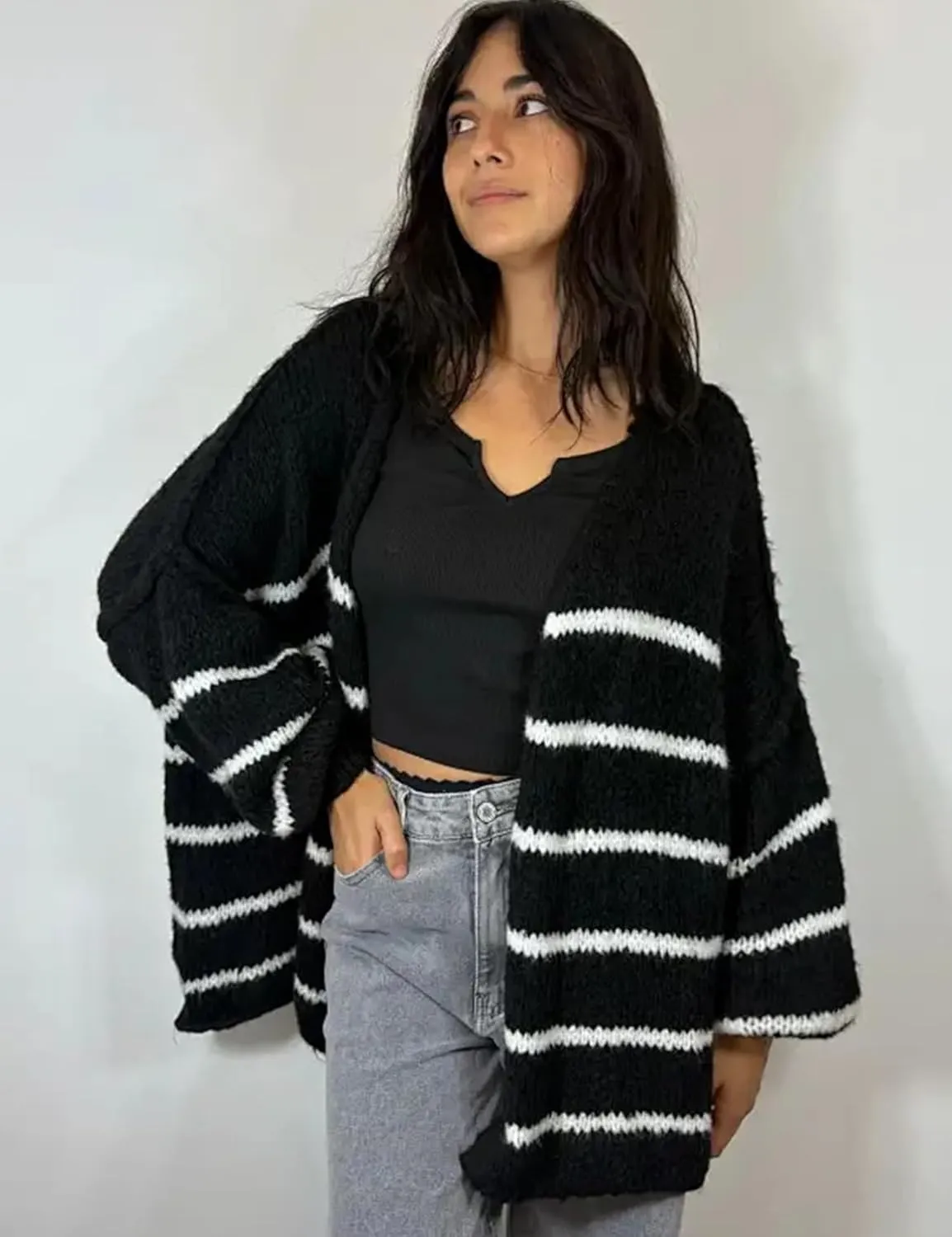 Kissonic Women's Striped Cardigan Sweaters Open Front Long Sleeve Chunky Knit Oversized Fall Sweater Coat