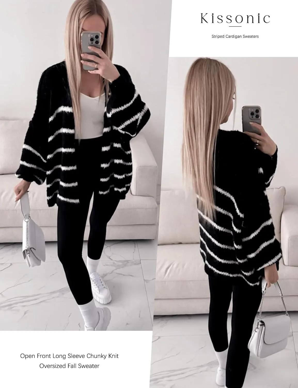 Kissonic Women's Striped Cardigan Sweaters Open Front Long Sleeve Chunky Knit Oversized Fall Sweater Coat
