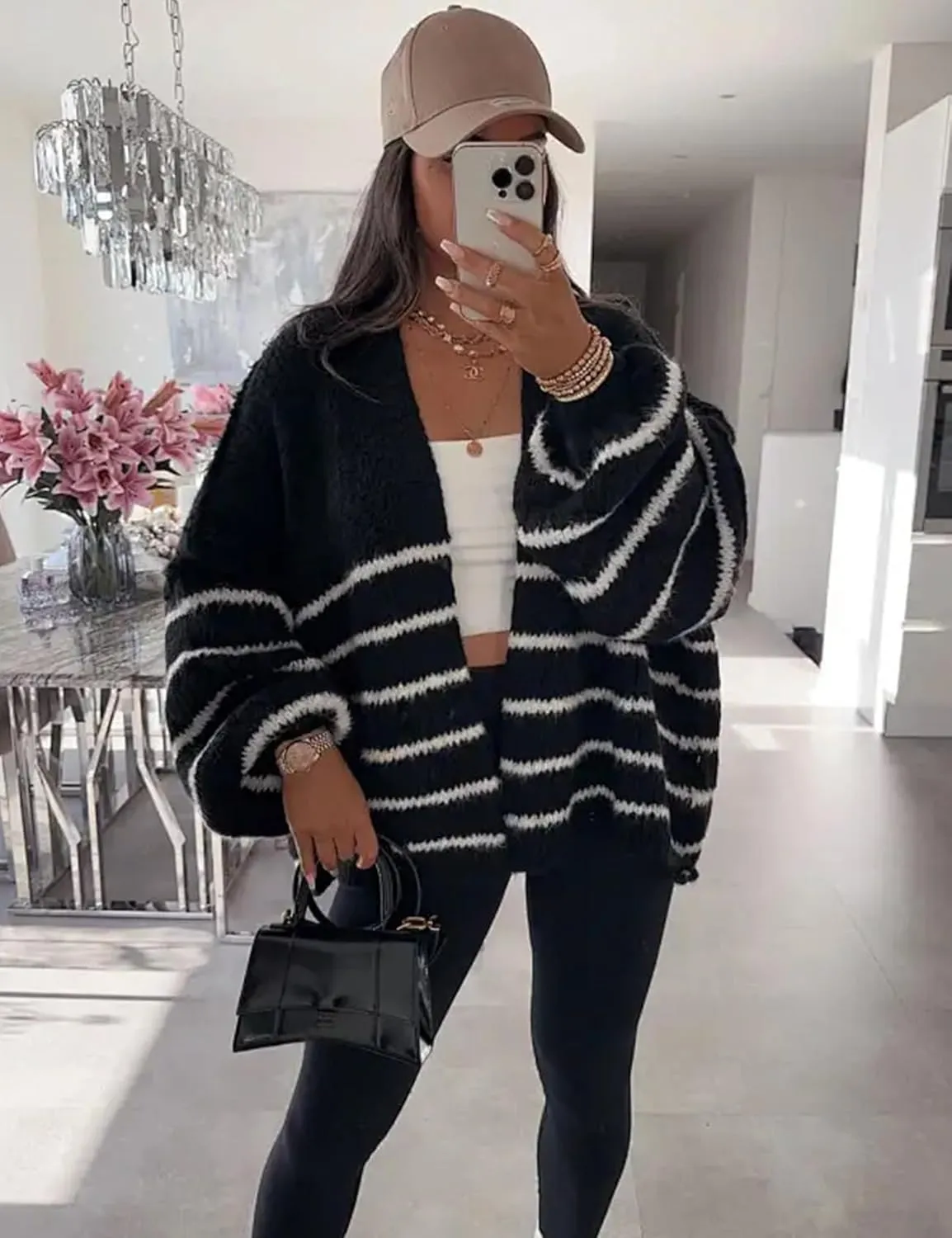 Kissonic Women's Striped Cardigan Sweaters Open Front Long Sleeve Chunky Knit Oversized Fall Sweater Coat