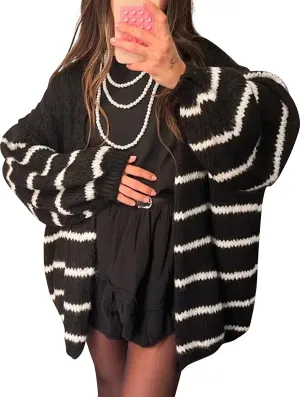 Kissonic Women's Striped Cardigan Sweaters Open Front Long Sleeve Chunky Knit Oversized Fall Sweater Coat