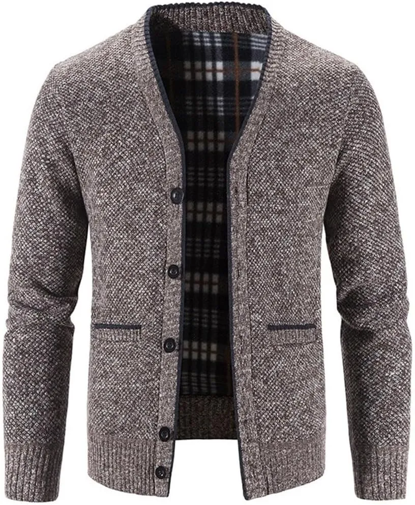 Knitwear Men's V-Neck Cardigan Autumn and Winter Middle-Aged and Elderly Plush Warm Casual Loose Sweater Coat