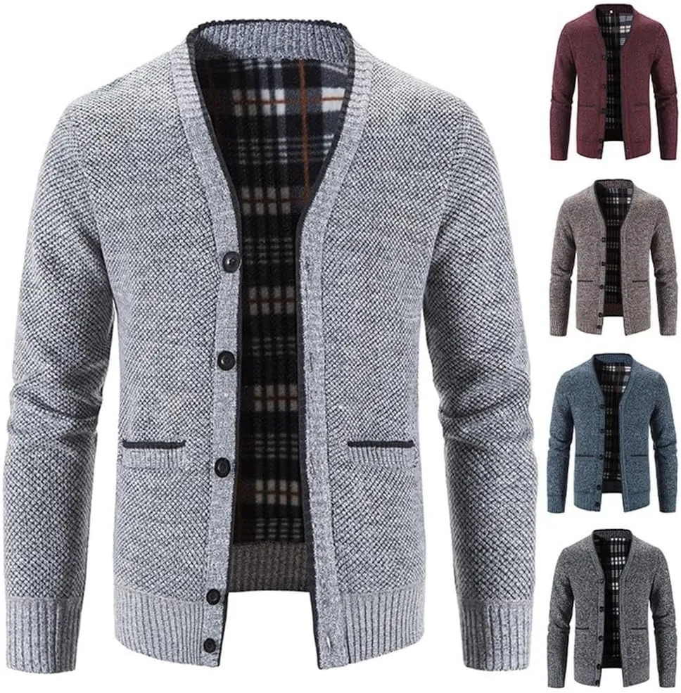 Knitwear Men's V-Neck Cardigan Autumn and Winter Middle-Aged and Elderly Plush Warm Casual Loose Sweater Coat