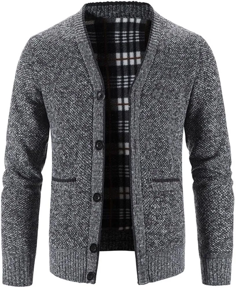 Knitwear Men's V-Neck Cardigan Autumn and Winter Middle-Aged and Elderly Plush Warm Casual Loose Sweater Coat