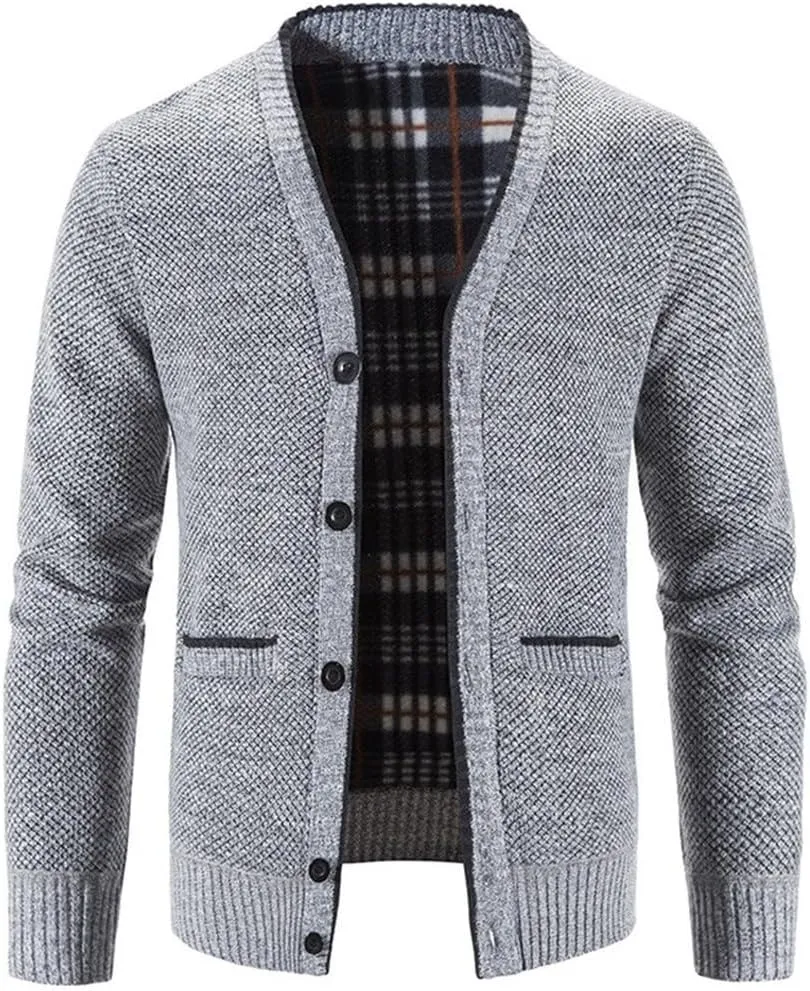 Knitwear Men's V-Neck Cardigan Autumn and Winter Middle-Aged and Elderly Plush Warm Casual Loose Sweater Coat