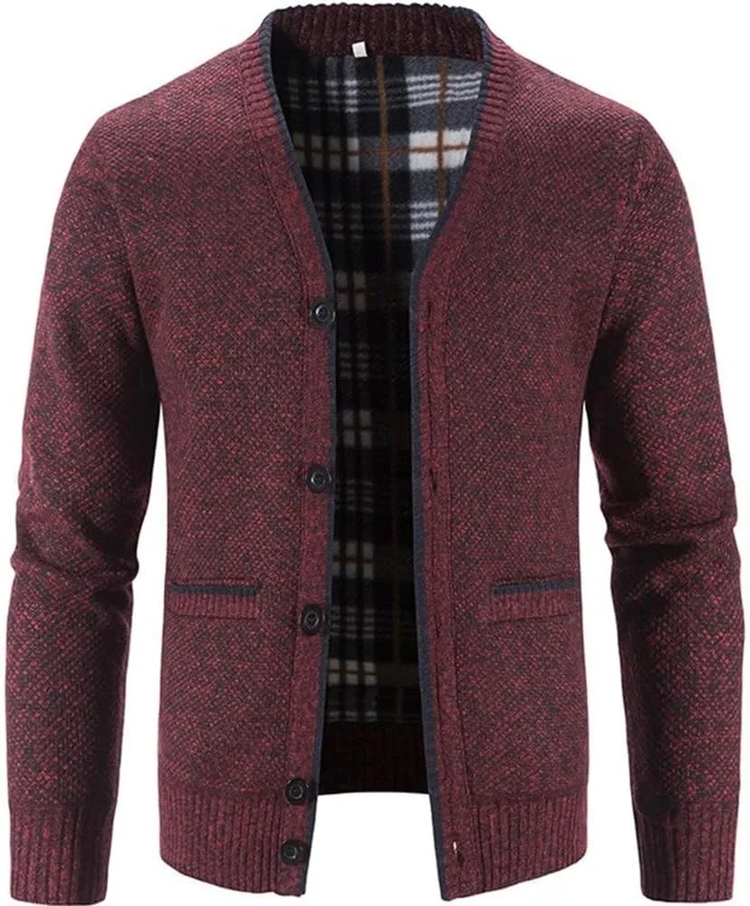 Knitwear Men's V-Neck Cardigan Autumn and Winter Middle-Aged and Elderly Plush Warm Casual Loose Sweater Coat