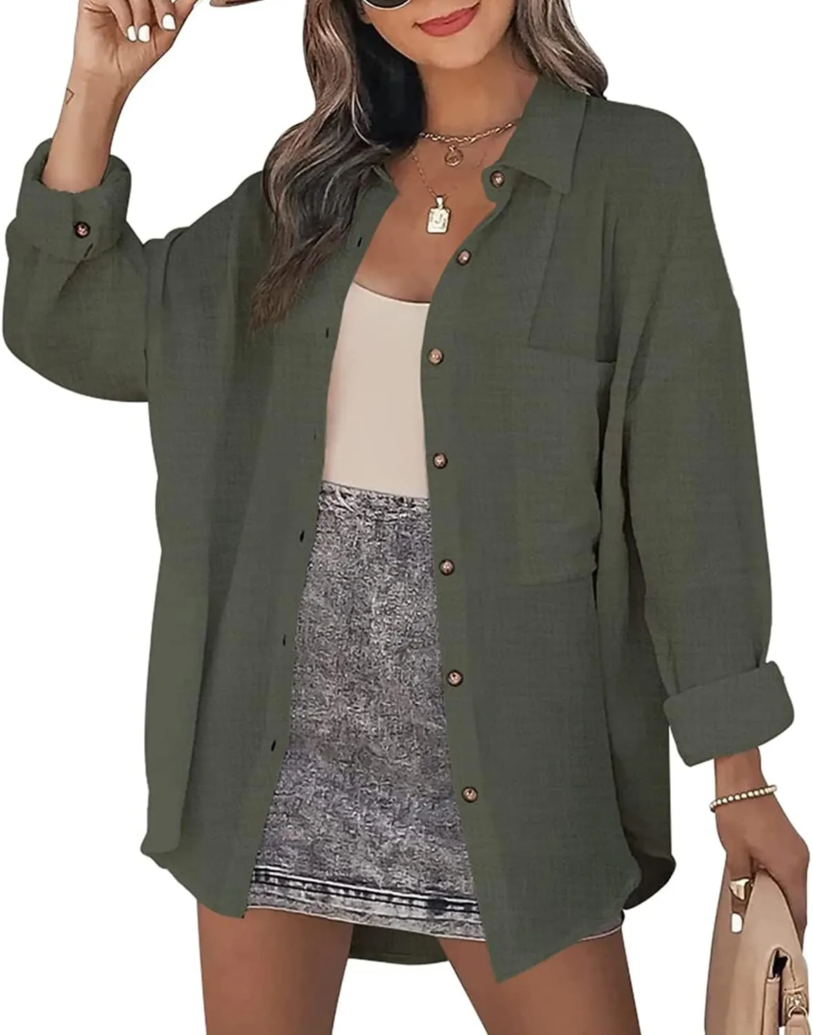 KUFV Women's Long Sleeve Button Down Shirts Tie Waist Casual Loose Blouses Tops