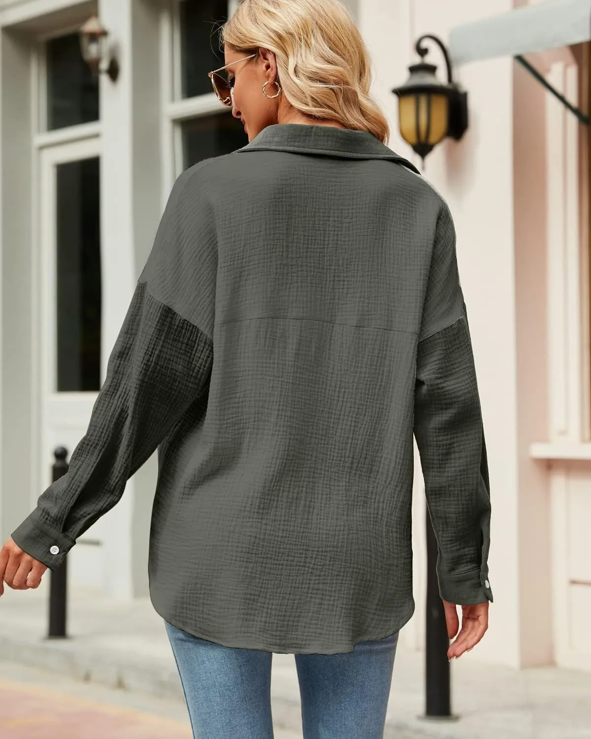 KUFV Women's Long Sleeve Button Down Shirts Tie Waist Casual Loose Blouses Tops