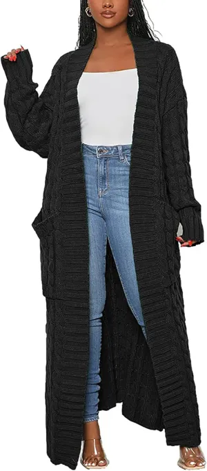 LAJIOJIO Long Cardigan Sweaters for Women Open Front Chunky Waffle Cable Knit Shawl Collar Pockets Knitwear Coat Plus Size