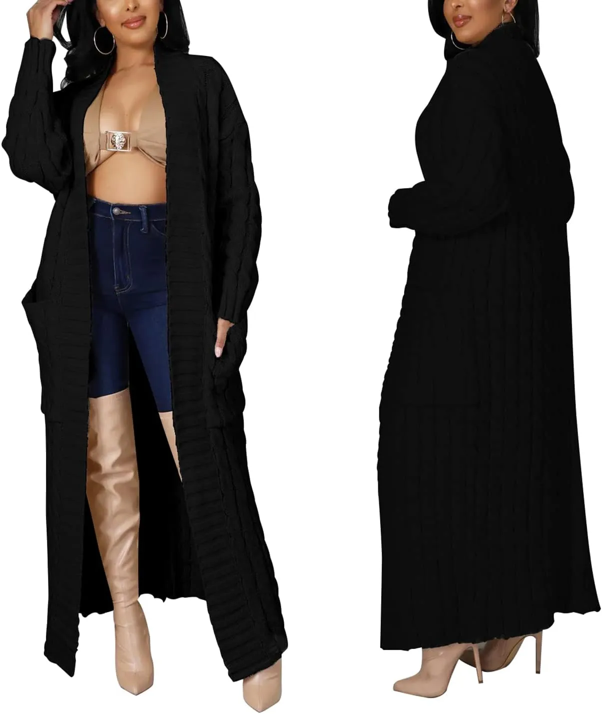 LAJIOJIO Long Cardigan Sweaters for Women Open Front Chunky Waffle Cable Knit Shawl Collar Pockets Knitwear Coat Plus Size