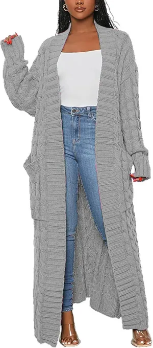 LAJIOJIO Long Cardigan Sweaters for Women Open Front Chunky Waffle Cable Knit Shawl Collar Pockets Knitwear Coat Plus Size