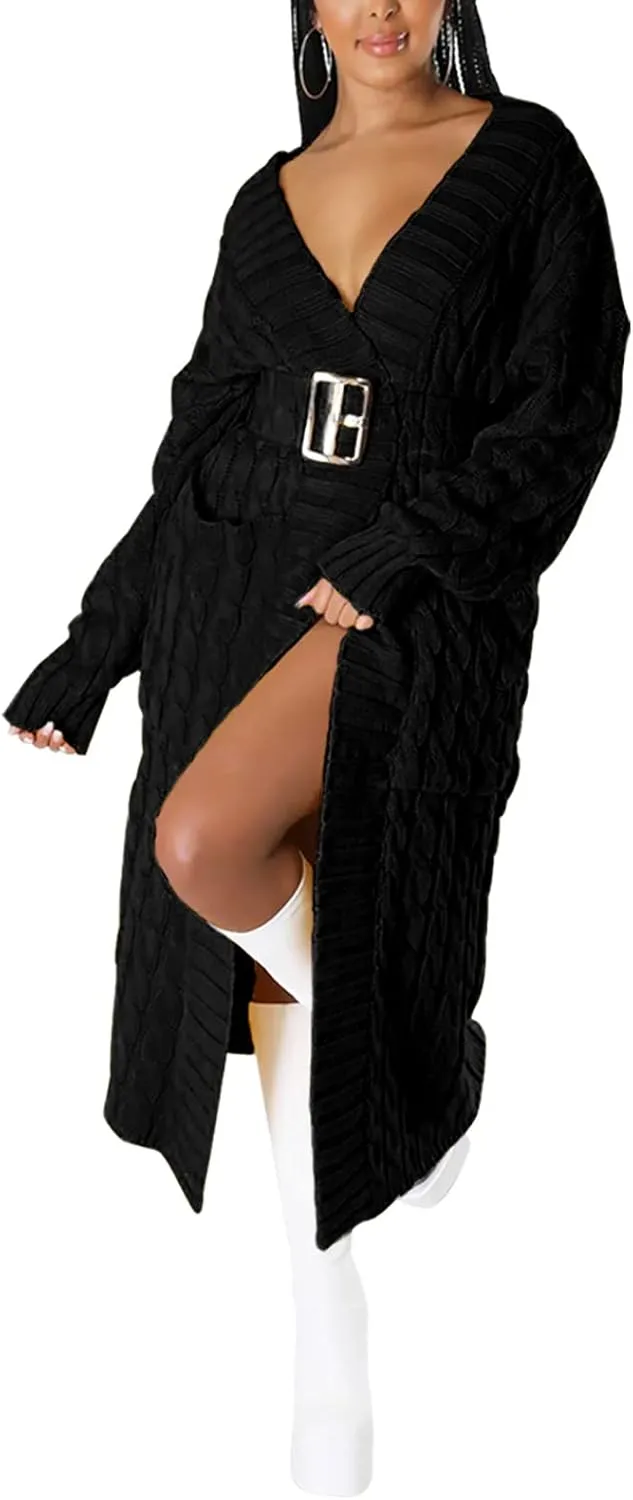 LAJIOJIO Long Cardigan Sweaters for Women Open Front Chunky Waffle Cable Knit Shawl Collar Pockets Knitwear Coat Plus Size