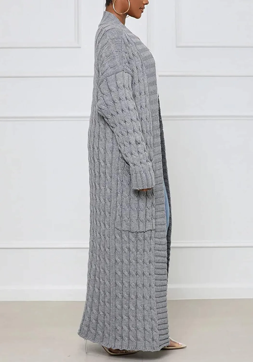 LAJIOJIO Long Cardigan Sweaters for Women Open Front Chunky Waffle Cable Knit Shawl Collar Pockets Knitwear Coat Plus Size
