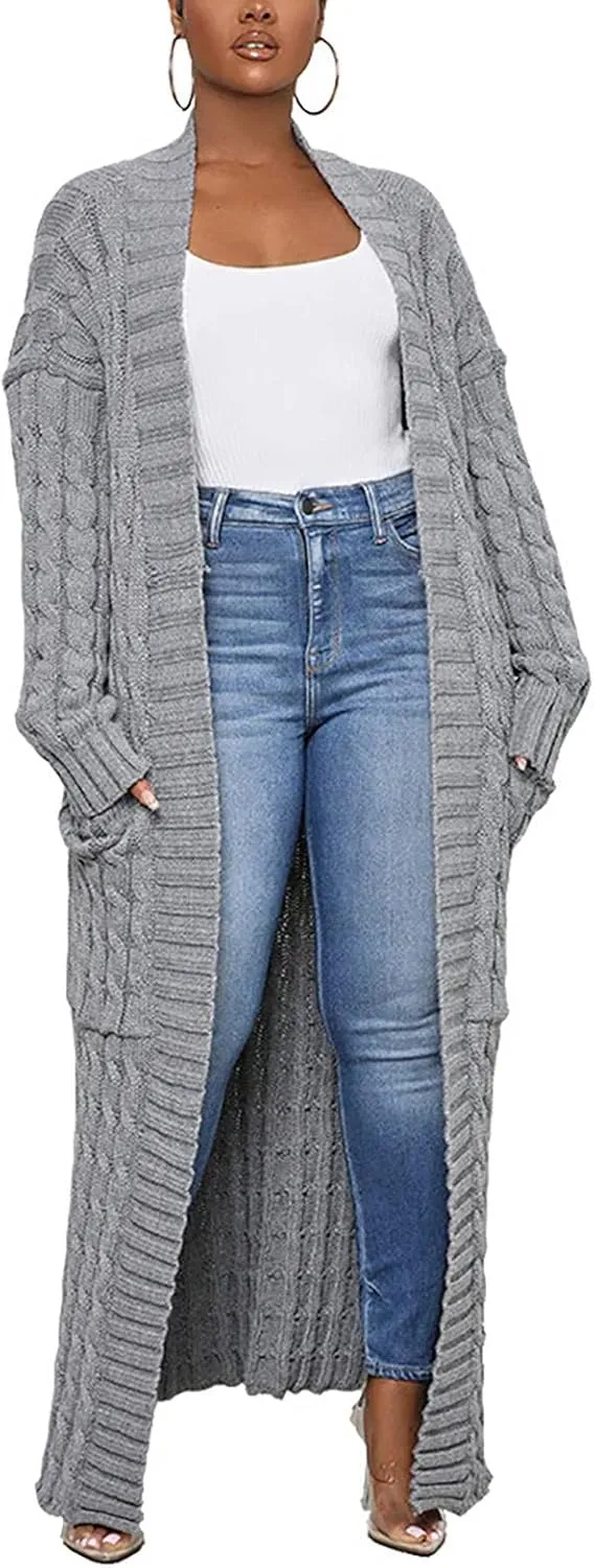 LAJIOJIO Long Cardigan Sweaters for Women Open Front Chunky Waffle Cable Knit Shawl Collar Pockets Knitwear Coat Plus Size