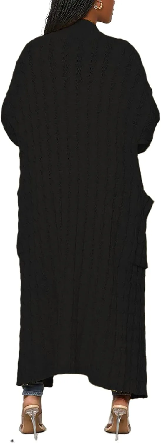 LAJIOJIO Long Cardigan Sweaters for Women Open Front Chunky Waffle Cable Knit Shawl Collar Pockets Knitwear Coat Plus Size