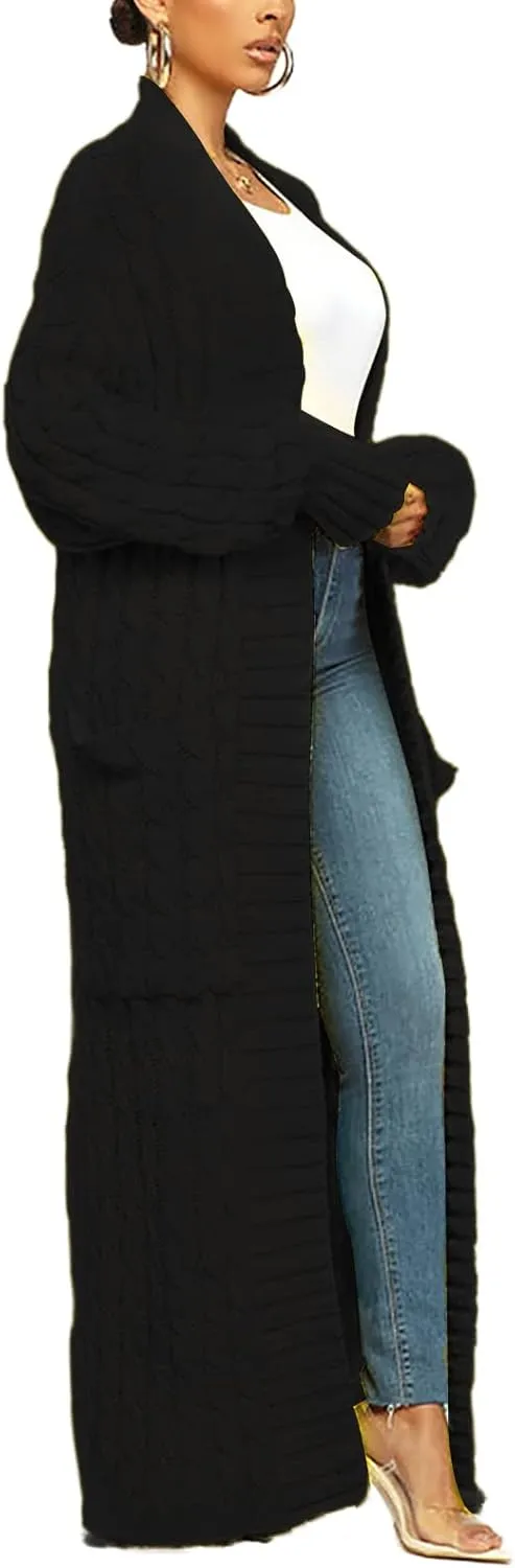 LAJIOJIO Long Cardigan Sweaters for Women Open Front Chunky Waffle Cable Knit Shawl Collar Pockets Knitwear Coat Plus Size