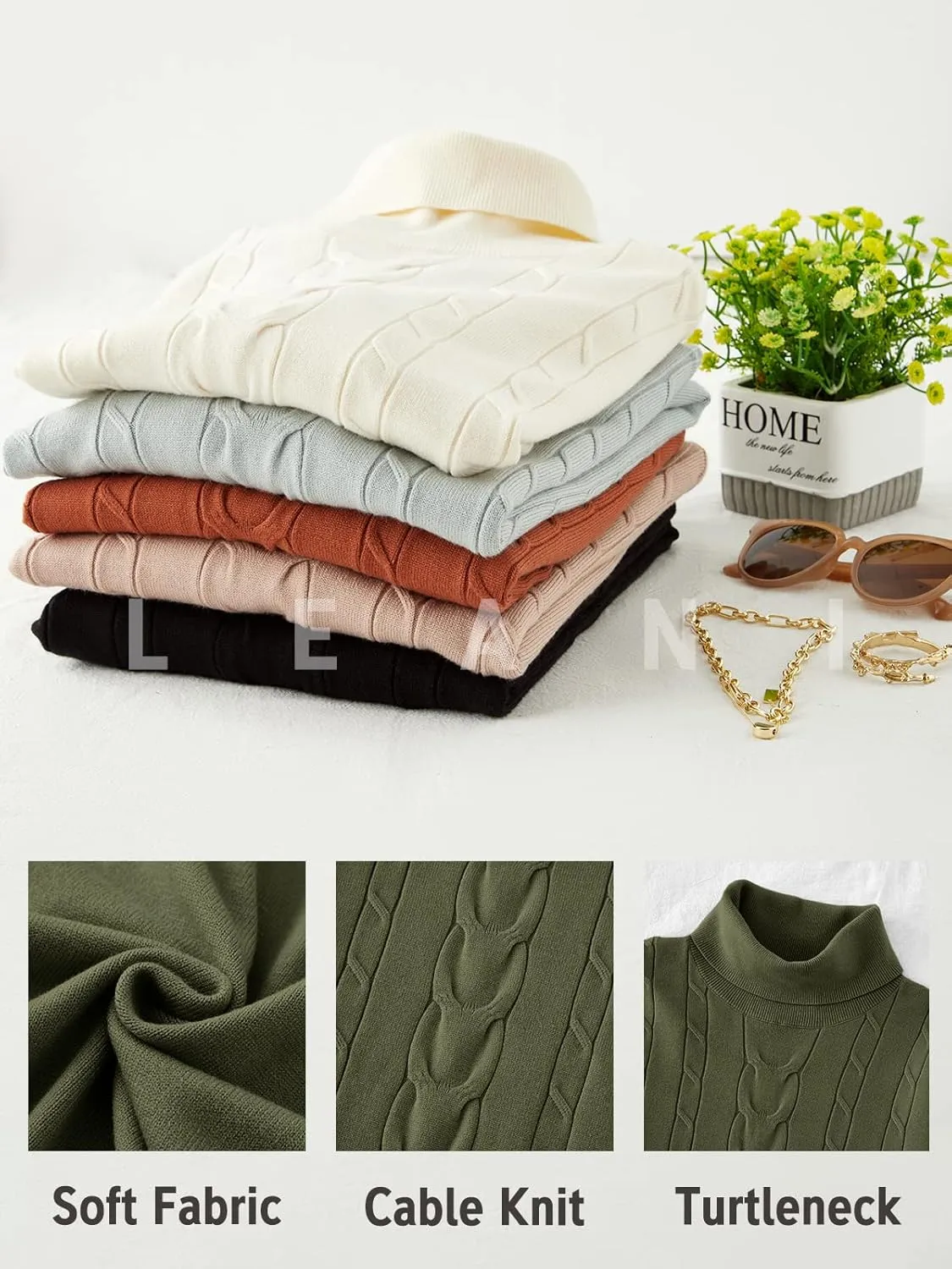 LEANI Womens 2024 Turtleneck Sweaters Cable Knit Long Sleeve Pullover Sweater Jumper